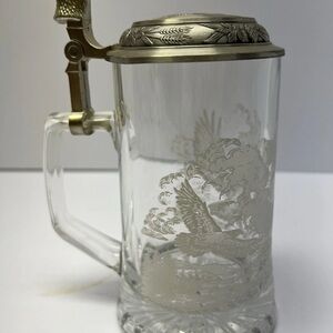 Domex German Beer Stein w/ Pewter Eagle Head Lid Etched Glass Beer Mug